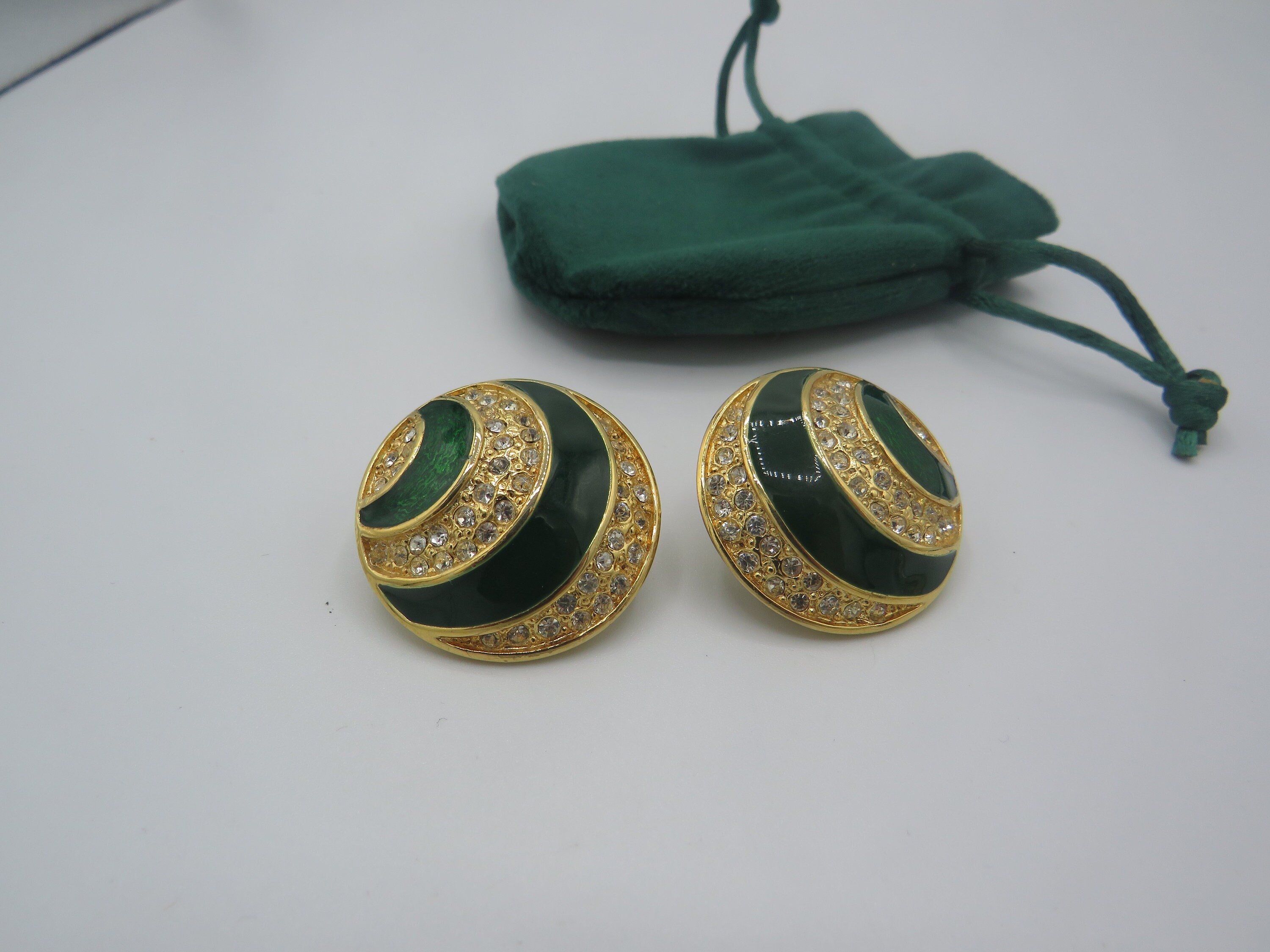 Boucles D'oreilles Clips Vintage LERITZ - Vert émeraude & Strass Doré