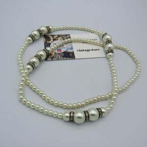gorgeous vintage faux pearl beaded necklace with rhinestone spacer beads, excellent condition, statement necklace, 34-inch length