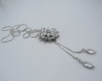 stunning old-new stock silver tone slider necklace, stunning sparkling glass rhinestones pendant and hanging stones, immaculate .........