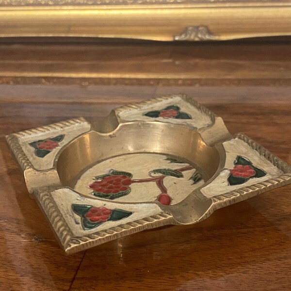 Gorgeous vintage brass ashtray with a floral enamel detailing, square , made in India , lovely vintage piece