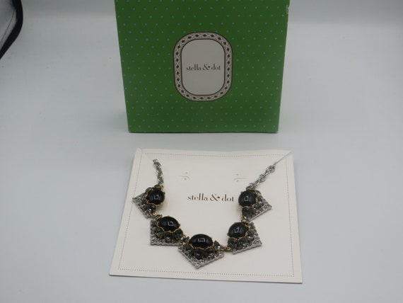 STELLA DOT Singed Statement Necklace Silver Tone Large Black