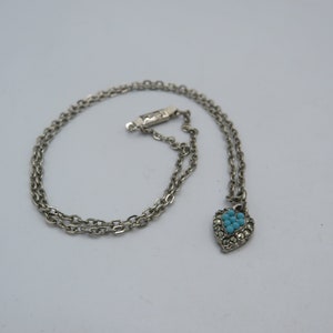 stunning vintage little dainty silver tone necklace with marcasite and faux turquoise heart pendant, box clasp, lovely condition, 17-inch...