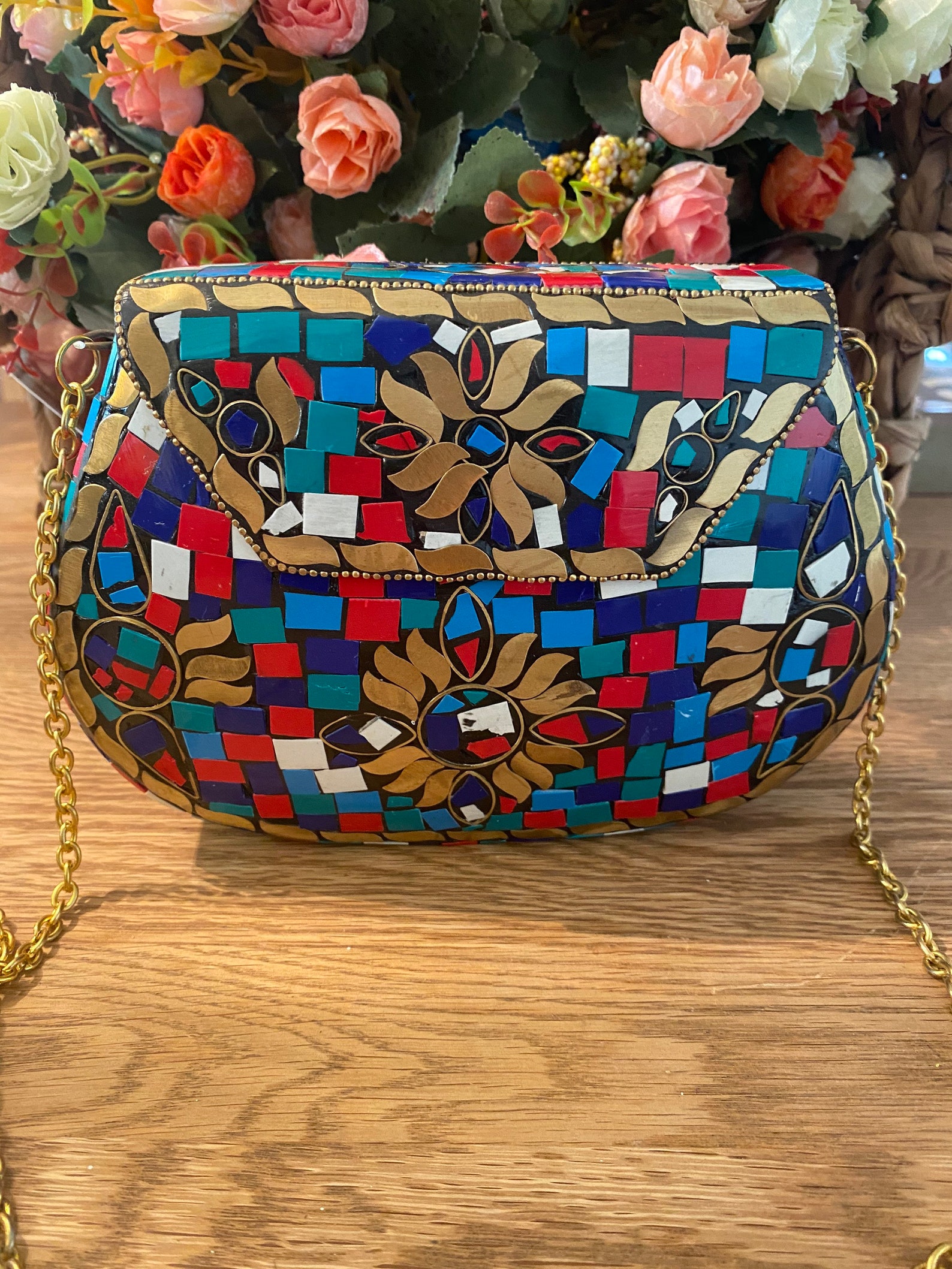 Superb unusual mosaic and brass hand bag / clutch bag very Etsy