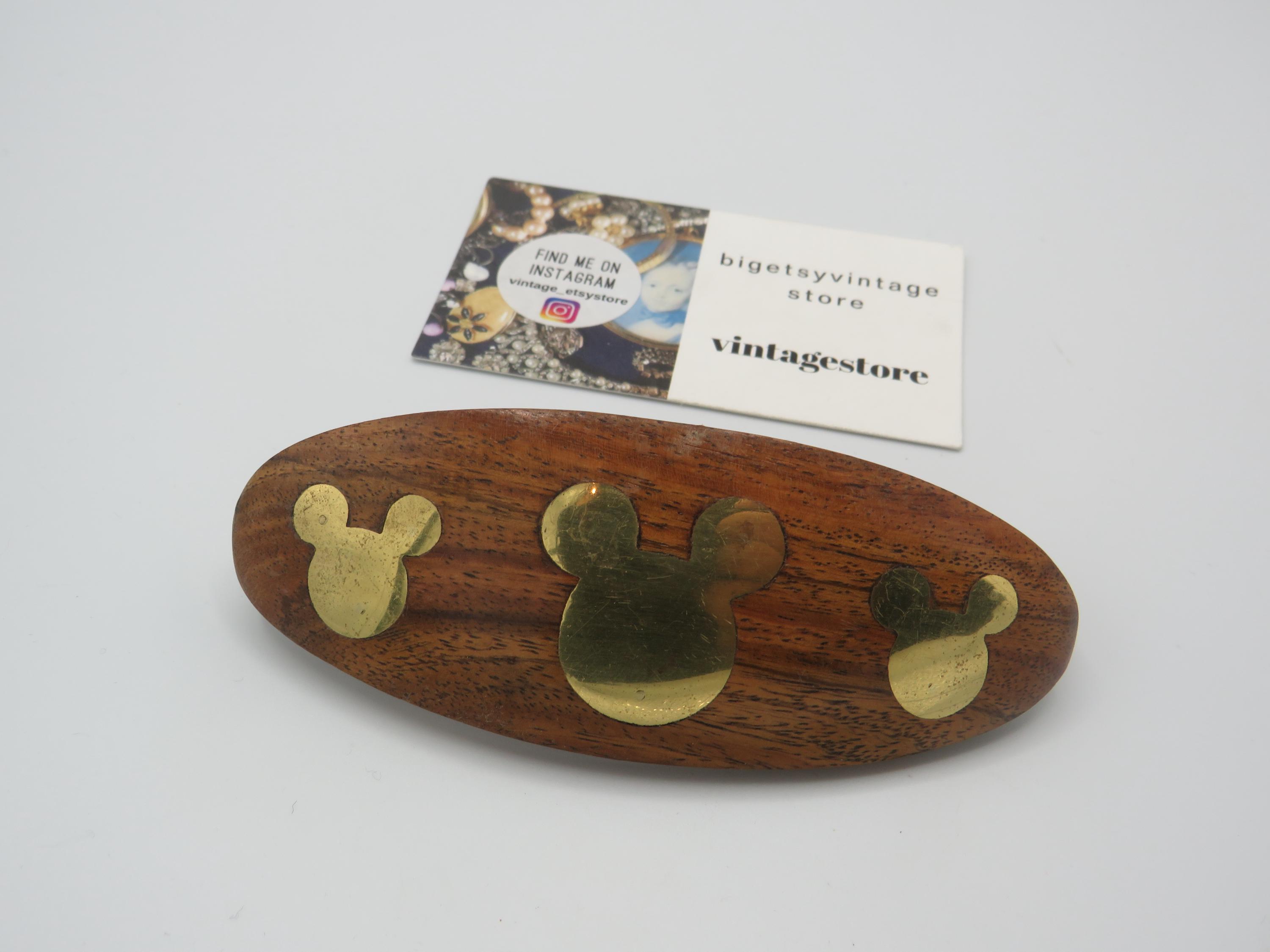 Vintage Disney Wood Hair Clip, Brass Mickey Mouse Inserts 