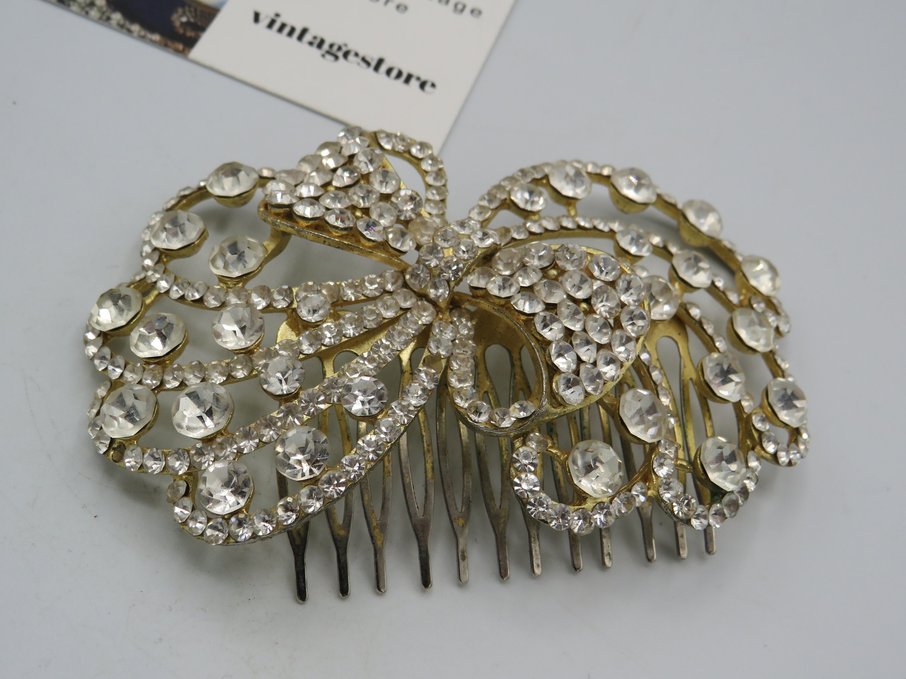 Amazing True Vintage Gold Tone Rhinestone Hair Comb, Hair  display picture 1