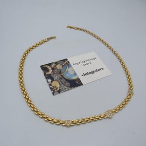 beautiful vintage gold tone panther link necklace chain, clear rhinestone heart motifs, stunning design, lovely condition, 18-inch length
