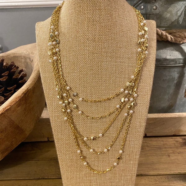 Lovely vintage gold tone multi strand faux pearl necklace , vintage, vintage jewellery, vintage necklace, vintage pearl, vintage gold