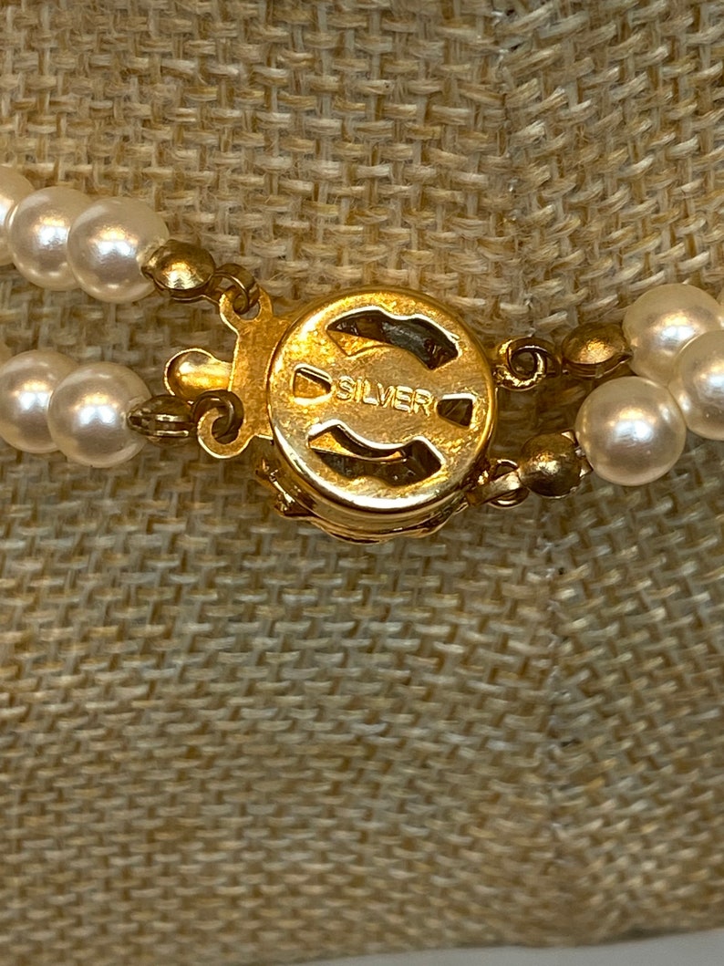 clasp marked silver Repurposed Beautiful piece Lovely faux pearl necklace and diamant\u00e9 bow pendant necklace stunning clasp