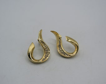 stunning gold tone post back statement earrings, clear rhinestones, elegant, great condition, new-old stock, 3.5cm drop, any occasion