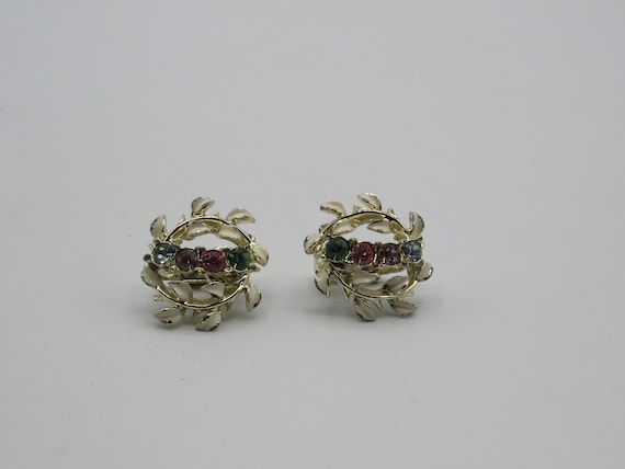 vintage silver tone clip on earrings . white enam… - image 1