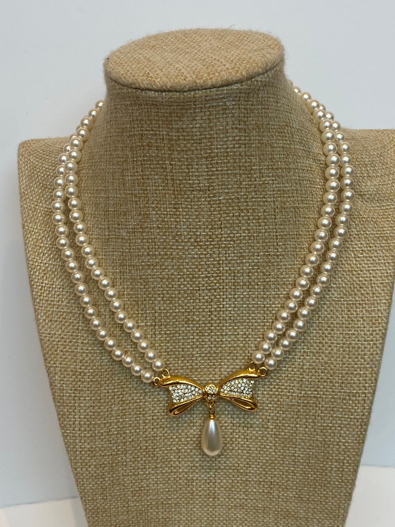 clasp marked silver Repurposed Beautiful piece Lovely faux pearl necklace and diamant\u00e9 bow pendant necklace stunning clasp