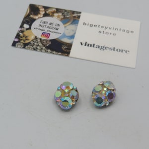 stunning vintage silver tone clip on cocktail earrings, sparkling ab rhinestone cluster design, excellent condition, 2cm length