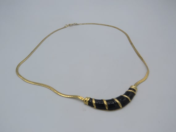 gorgeous vintage gold tone necklace with black en… - image 1