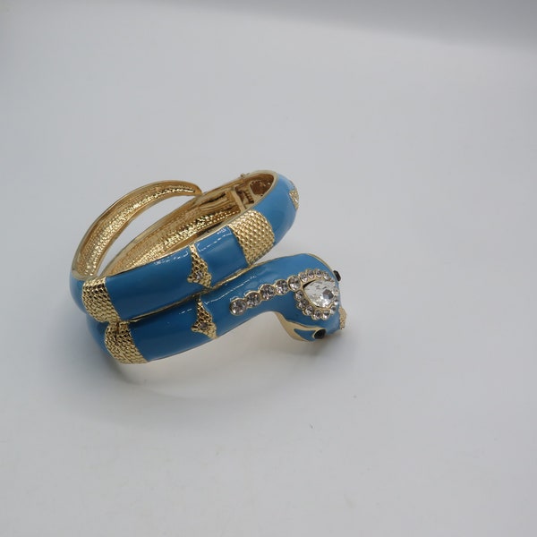 spectacular gold tone statement snake bracelet, hinged opening, excellent condition, blue enamel, clear rhinestones, chunky 7 - 8 inch wrist