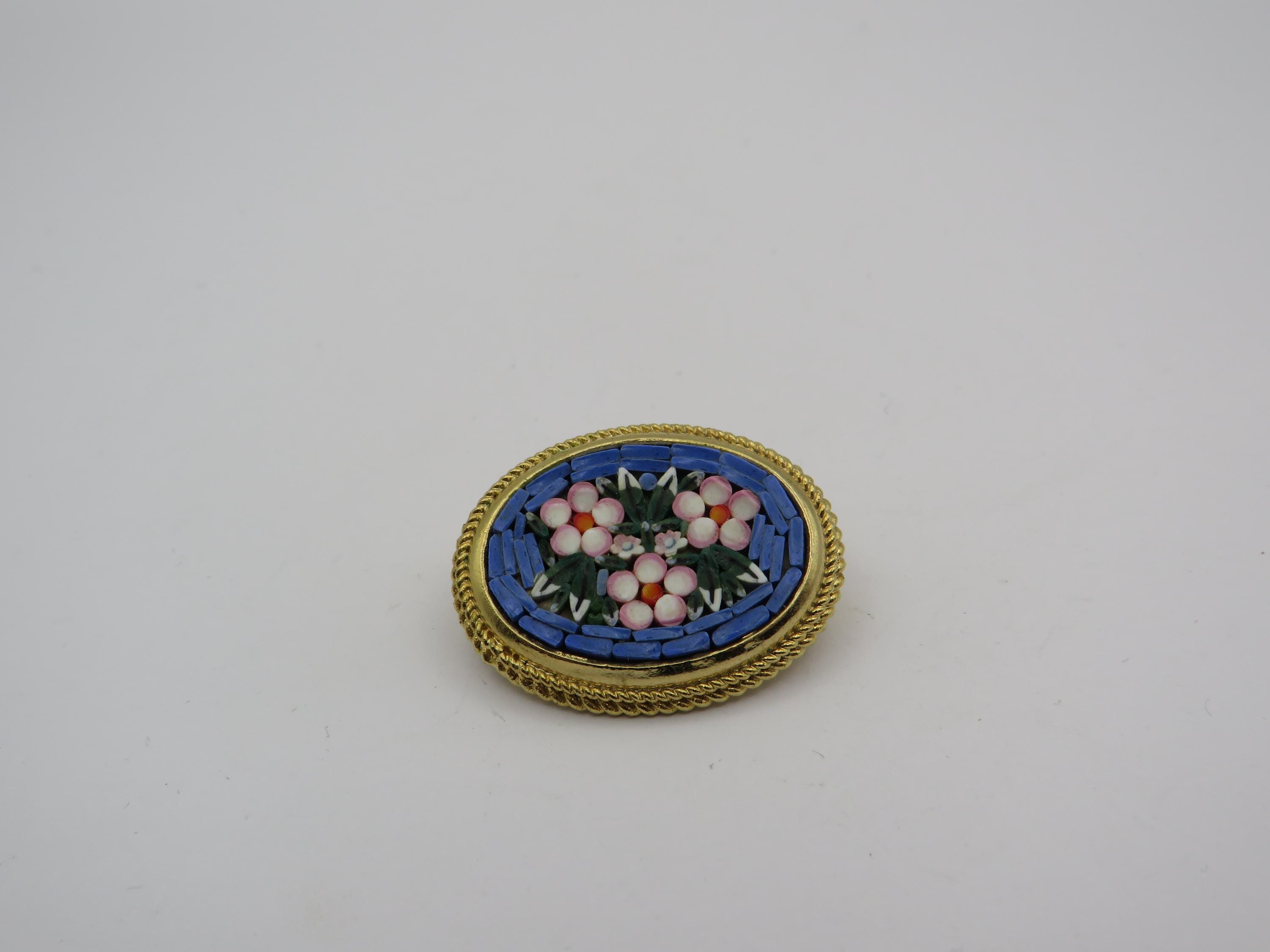Broche Ronde Micro-mosaïque Italienne Vintage - Orange Métal - Bijou Ancien