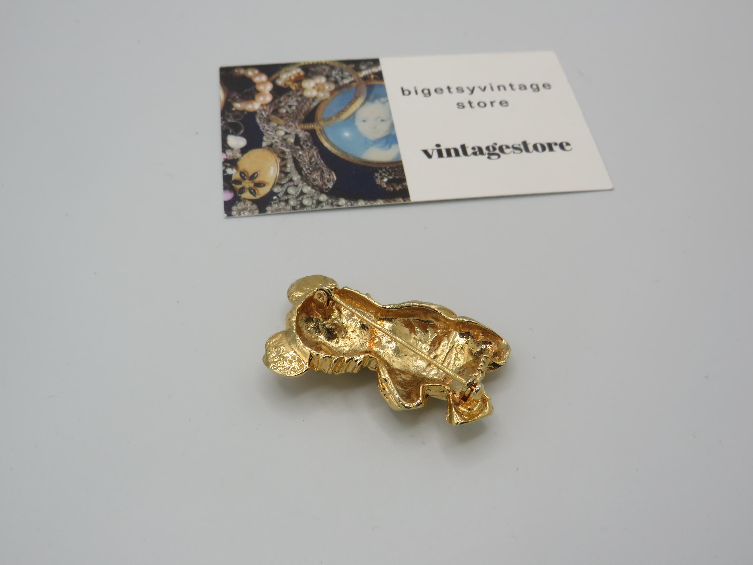 Broche Ourson Vintage Signée CDL – Métal Doré, Strass, Peluche, XXème Siècle, Occasion