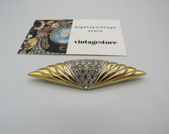 beautiful vintage gold tone brooch with clear rhinestones, lovely art deco feel, great design and condition, 3-inch length