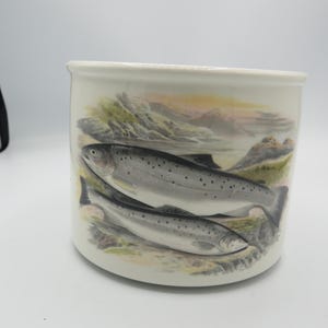 May include: A cream-coloured ceramic pot featuring a detailed illustration of two fish, possibly trout, set against a mountain landscape. The fish are rendered in grey and silver, with a speckled pattern.