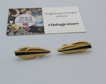 increíble tono dorado vintage MONET firmado hoja en tono dorado / clip de plumas en pendientes con detalles de esmalte negro, declaración, 3,5 cm de longitud