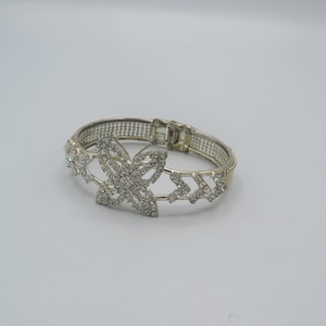 amazing vintage silver tone hinged bangle, rhinestone butterfly detail, lovely condition, 7 to 8-inch wrist, cocktail bracelet, statement