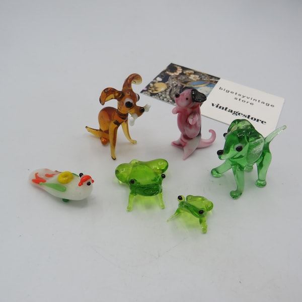 wonderful set of 6 hand blown miniature glass animal figurines, 3 dogs, 2 frogs, 1 bird, lovely little collection, collectable glass