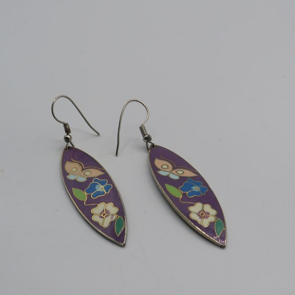 gorgeous vintage gold tone dangle earrings, colourful butterfly and flower enamel design, lovely condition, 5.5cm drop, cloisonne earrings
