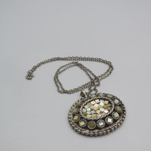 gorgeous vintage silver tone necklace/pendant ,detailed with mosaic shell squares, interesting piece , lovely condition , 24 inch chain