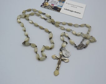 spectacular French ROMA signed mother of pearl Rosary beads in amazing condition, 26-inch chain length, wonderful detailing, religious beads