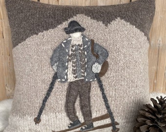 Handmade Alpaca Skier Pillowcase, Beige Farmhouse Cushion (20x20)