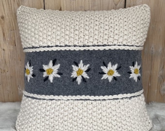 Alpine style Alpaca decorative pillow with edelweiss embroidery , Floral embroidery couch throw pillow , 20x20 ,  Handmade sweater cushion