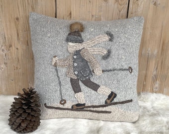 Handmade Alpaca Ski Girl Pillow Cover, Alpine Lodge Decor (20x20)