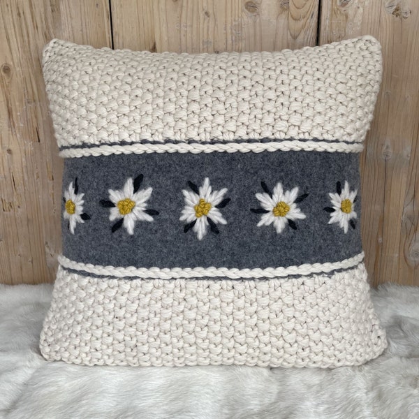 Oreiller décoratif en alpaga de style alpin avec broderie edelweiss, oreiller de canapé à broderie florale, 20x20, coussin de pull fait à la main