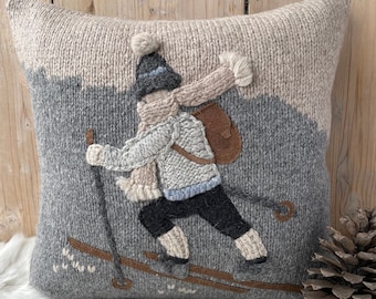 Handmade Alpaca Skier Throw Pillowcase: Farmhouse Decor Accent Cushion