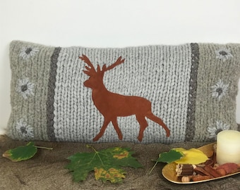 Extra long alpaca  DEER designer lumbar |  Beautiful fall decor | 31.5x16" hand knit pillow cushion | Perfect warmhouse gift |