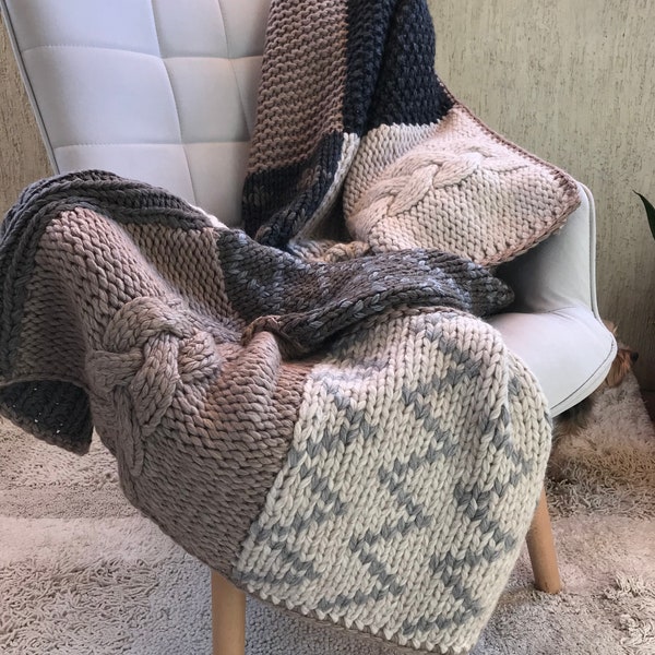 Handmade Alpaca Wool Blanket: Chunky Knit Patchwork Afghan