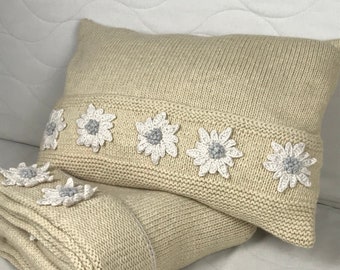 Floral Alpine style lumbar| Farmhouse  knit throw |Cozy wool pillow | Great housewarming gift