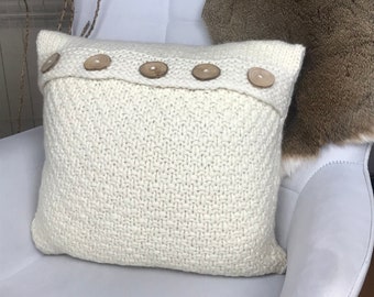 Scandinavian style decorative pillow in cream with large wooden buttons accent  | 20x20 chunky knit Alpaca wool elegant cushion