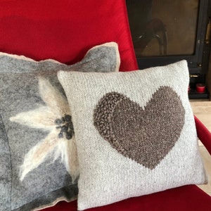 Può includere: Due cuscini decorativi, uno con un motivo a fiore bianco su sfondo grigio e l'altro con un cuore marrone su sfondo grigio chiaro.