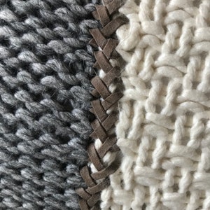 May include: Close-up of a knitted textile featuring a striking contrast of textures and colors. One section showcases a chunky, dark gray knit, while the adjacent section displays a lighter, off-white knit with a distinct open weave. A brown leather-like braid acts as a striking seam between the two knitted fabrics, adding a unique design element. The image highlights the contrast in knitting styles and the incorporation of leather detailing.