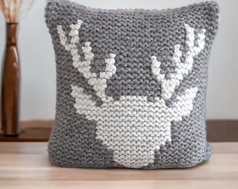 Alpine style deer head chunky knitt decorative pillow | Ready to ship housewarming gift | 18x18" brown cozy throw cushion | Stag pillow