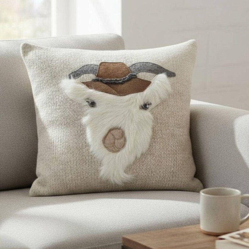 May include: A decorative throw pillow with a textured, light beige cover. The pillow features an applique of a goat's face, complete with a brown cowboy hat, gray horns, and a fluffy white beard. The pillow is on a light gray sofa.