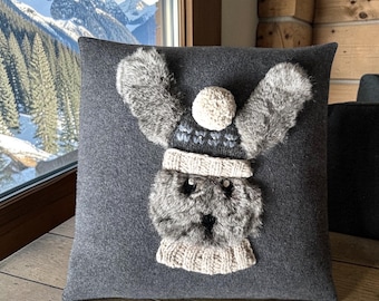 Boiled Wool Rabbit Pillow Cover, Fur Accent Bunny Cushion, 20x20 Inch Handmade Home Decor