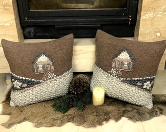 Set of 2 Alpine style throw pillows stylish home gift | Alpaca wool applique decorative cushions elegant home decor