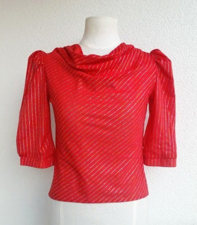 80s Red Elastic Blouse Vintage Cowl Neckline Metalic Thread fabric Size XXS 36