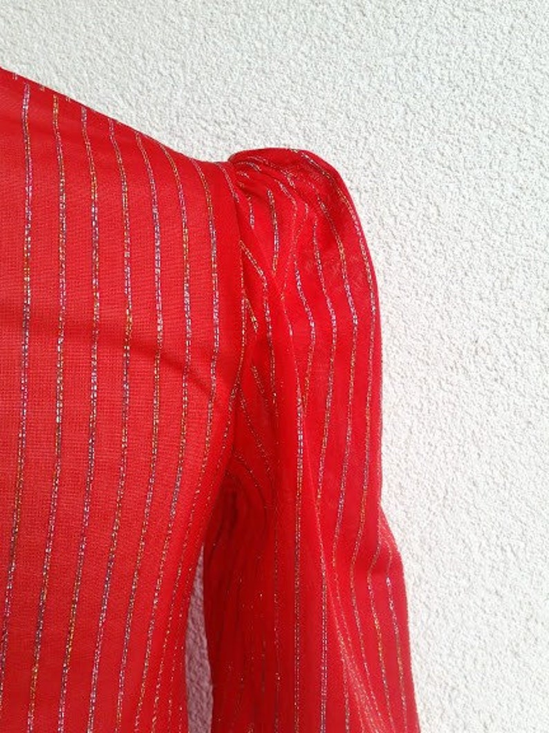 80s Red Elastic Blouse Vintage Cowl Neckline Metalic Thread fabric Size XXS 36