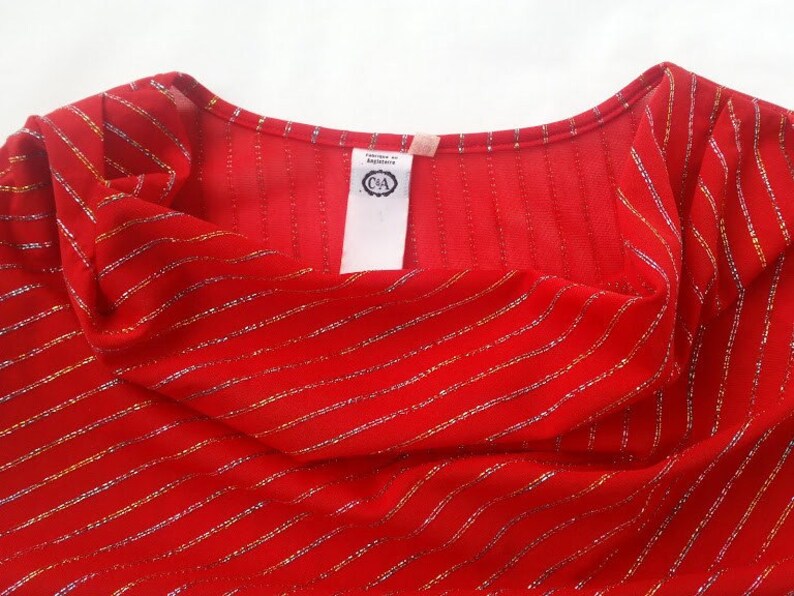 80s Red Elastic Blouse Vintage Cowl Neckline Metalic Thread fabric Size XXS 36