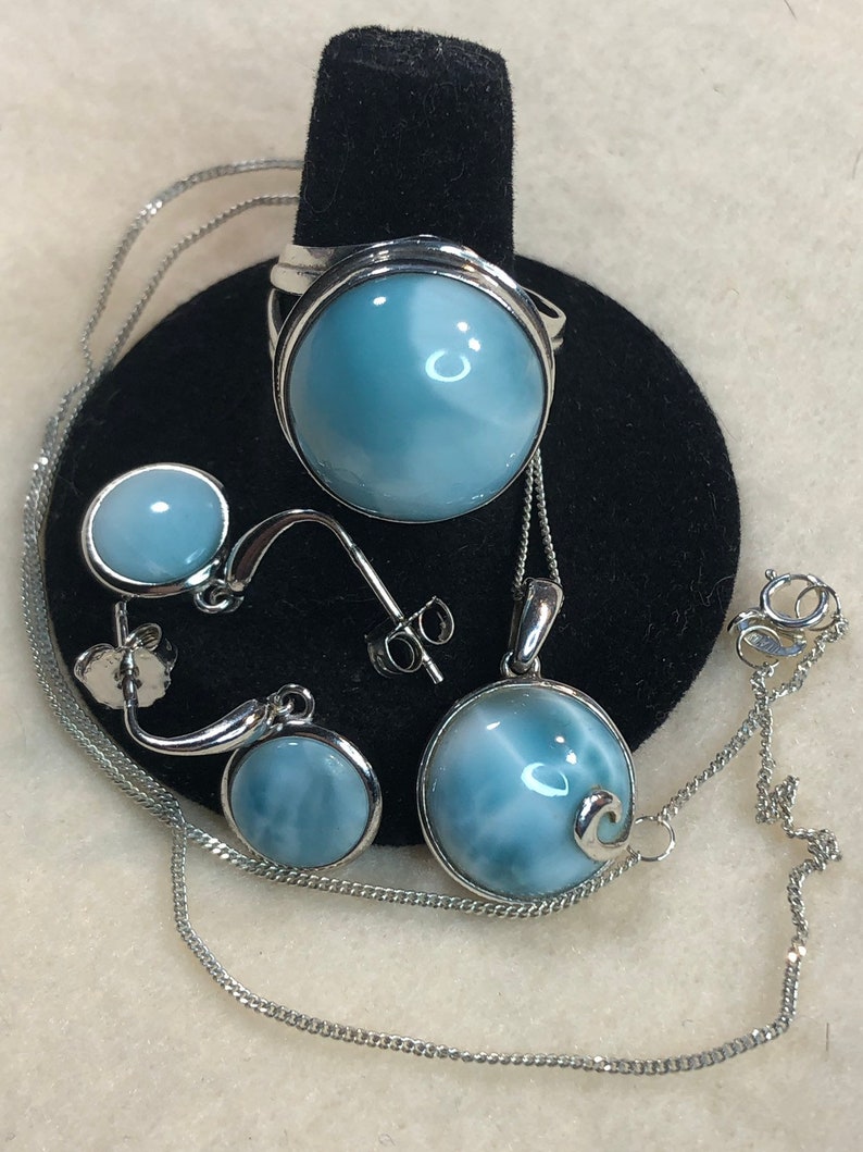 Vintage Sterling Larimar Matching Necklace Ring and Earring Set