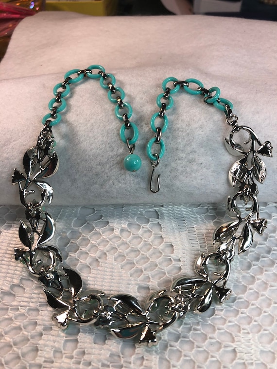 Vintage Coro 1950s Teal Enamal Silver Tone Choker - image 2