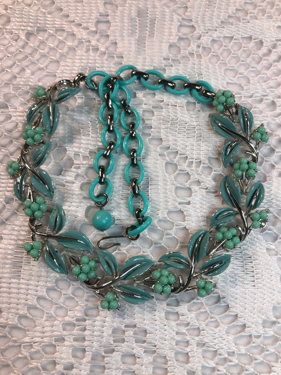 Vintage Coro 1950s Teal Enamal Silver Tone Choker - image 1