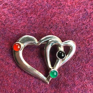 Vintage Sterling Onyx Double Heart Brooch
